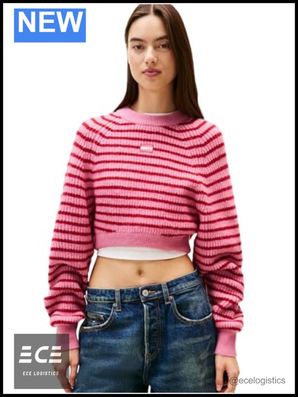 Wool Blend Crewneck Pullover Sweater Embroidered Flag Ribbed Trim